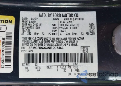 2022 Ford Bronco Sport Outer Banks из США, поврежденный, VIN 3FMCR9C63NRD95463